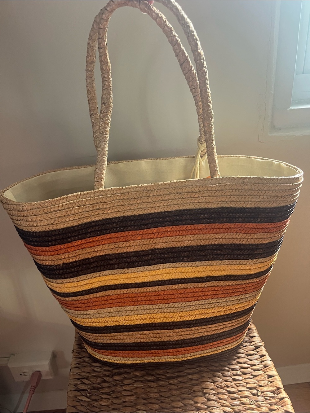 Striped Straw Tote Bag in Natural, Brown & Orange